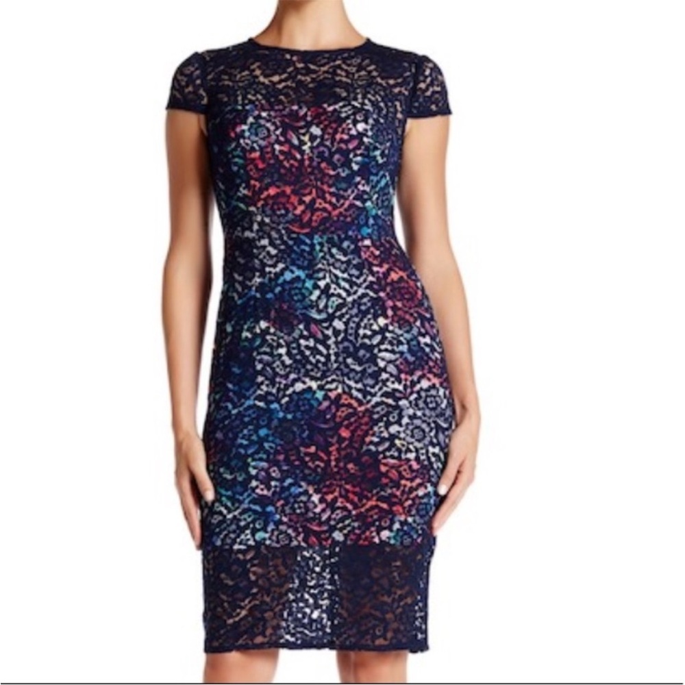 Betsey Johnson Lace Overlay Floral Sheath Dress